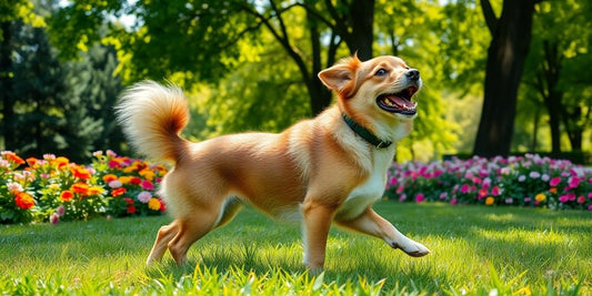 Healthy dog playing in a green park under sunlight.