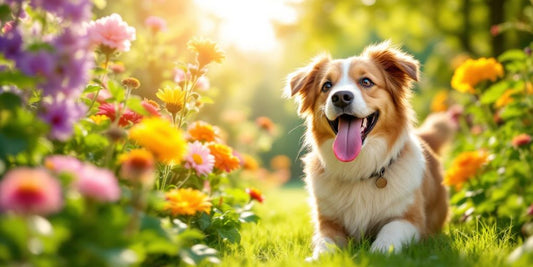 Happy dog in a colorful garden, enjoying life.