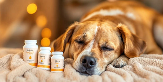 Relaxed dog on blanket with calming supplements nearby.