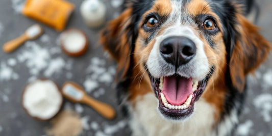 Dog with shiny teeth and dental chew toy.