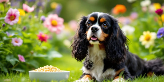 Cavalier King Charles Spaniel in a green park.
