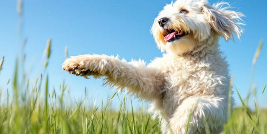 Old English Sheepdog stretching in a grassy field.