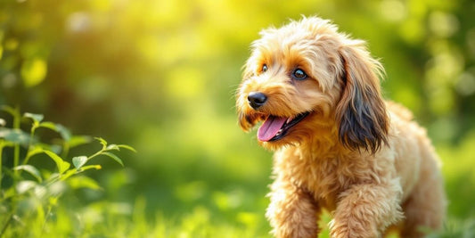 Happy Petit Basset Griffon Vendéen with spirulina outdoors.