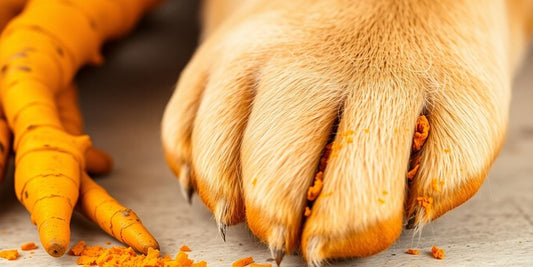Turmeric root and a dog's paw on a surface.